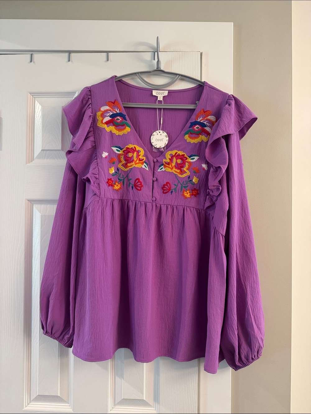 Oddi Purple Embroidered Ruffle-Sleeve Women's Blouse NWT
